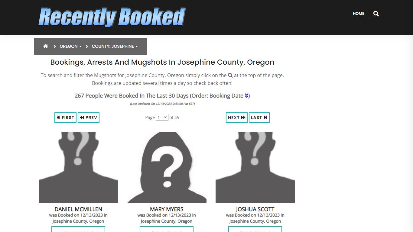 Bookings, Arrests and Mugshots in Josephine County, Oregon